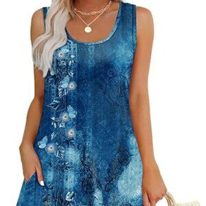 Summer Dresses Loose U Neck Sleeveless Sundresses Dress with Pockets